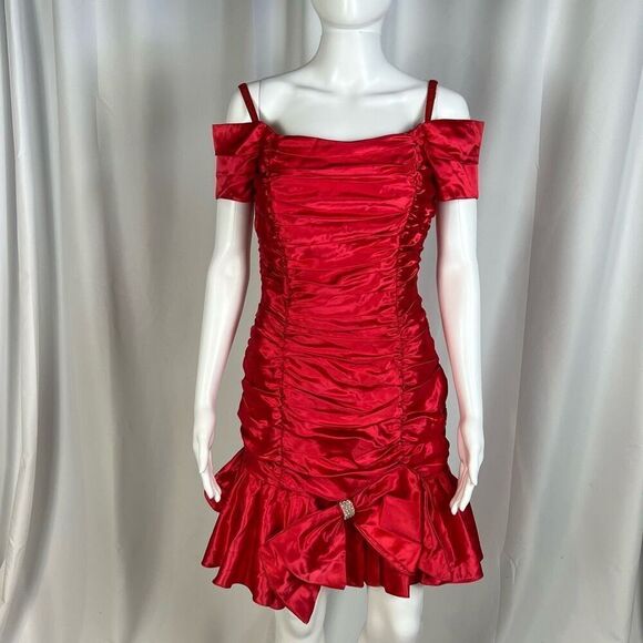 Vintage Roberta Dress Small Red Satin Ruched with Big Bow Off Shoulder 80s Party - Picture 2 of 11